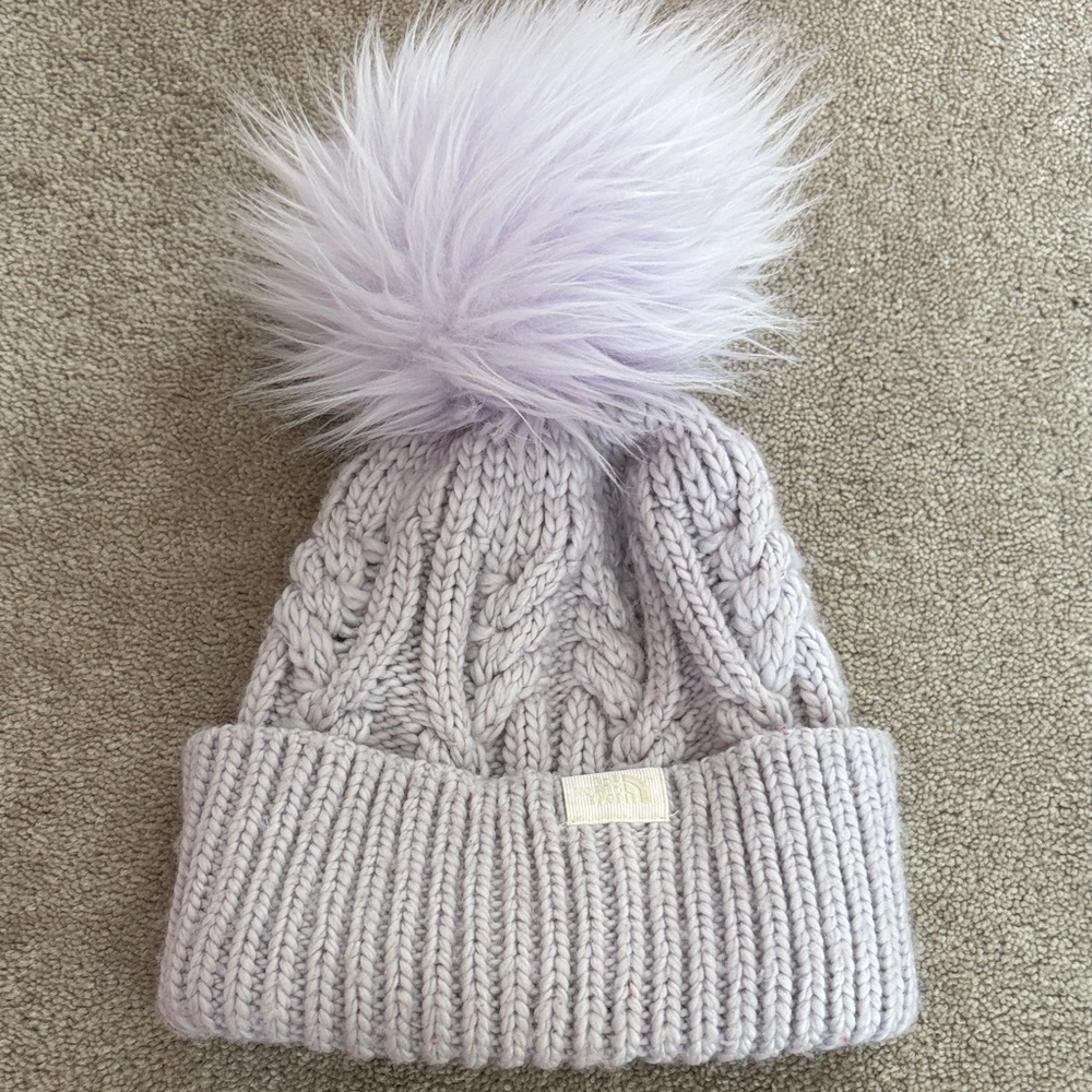 The North Face Light Purple Knit Beanie with Pom-Pom